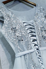 Gray Blue Prom Dress Crew Neck Lace Tulle Long Formal Gown Evening Dress
