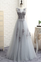 Gray Prom Dress Crew Neck Lace Tulle Long Formal Gown Evening Dress