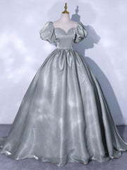 Gray Prom Dress Crew Neck Satin Long Sweet 16 Dress Evening Dress