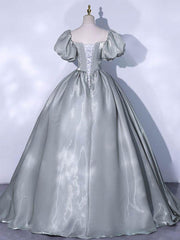 Gray Prom Dress Crew Neck Satin Long Sweet 16 Dress Evening Dress
