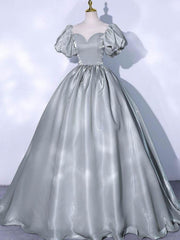 Gray Prom Dress Crew Neck Satin Long Sweet 16 Dress Evening Dress