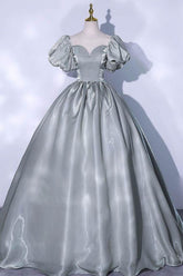 Gray Prom Dress Crew Neck Satin Long Sweet 16 Dress Evening Dress