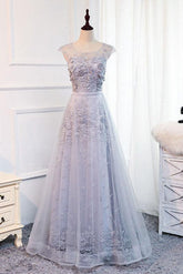 Gray Prom Dress Crew Neck Tulle Lace Appliques Long Evening Dress
