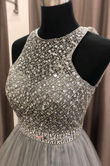Gray Prom Dress Crew Neck Tulle Sequin Long Formal Evening Dress