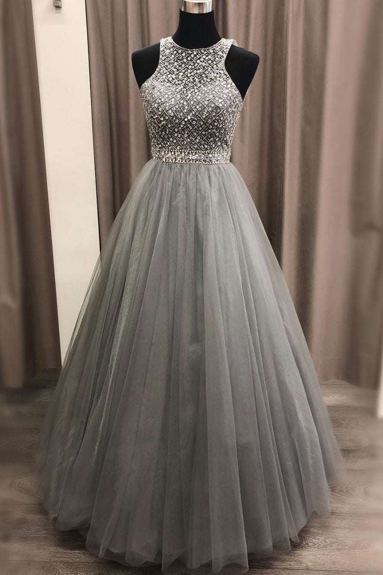 Gray Prom Dress Crew Neck Tulle Sequin Long Formal Evening Dress
