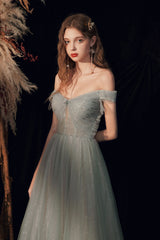 Gray Prom Dress Green Prom Dress Off the Shoulder Tulle Long Formal Gown Evening Dress