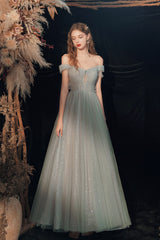 Gray Prom Dress Green Prom Dress Off the Shoulder Tulle Long Formal Gown Evening Dress