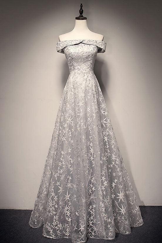 Gray Prom Dress Lace Long Evening Dress