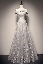 Gray Prom Dress Lace Long Evening Dress