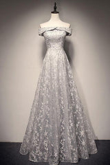 Gray Prom Dress Lace Long Evening Dress