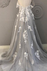 Gray Prom Dress Lace Sweetheart Tulle Long Formal Dress Evening Dress