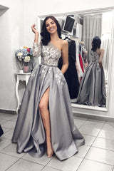 Gray Prom Dress One Shoulder Long Lace Formal Gown Evening Dress