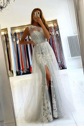 Gray Prom Dress One Shoulder Tulle Lace Long Formal Gown Evening Dress