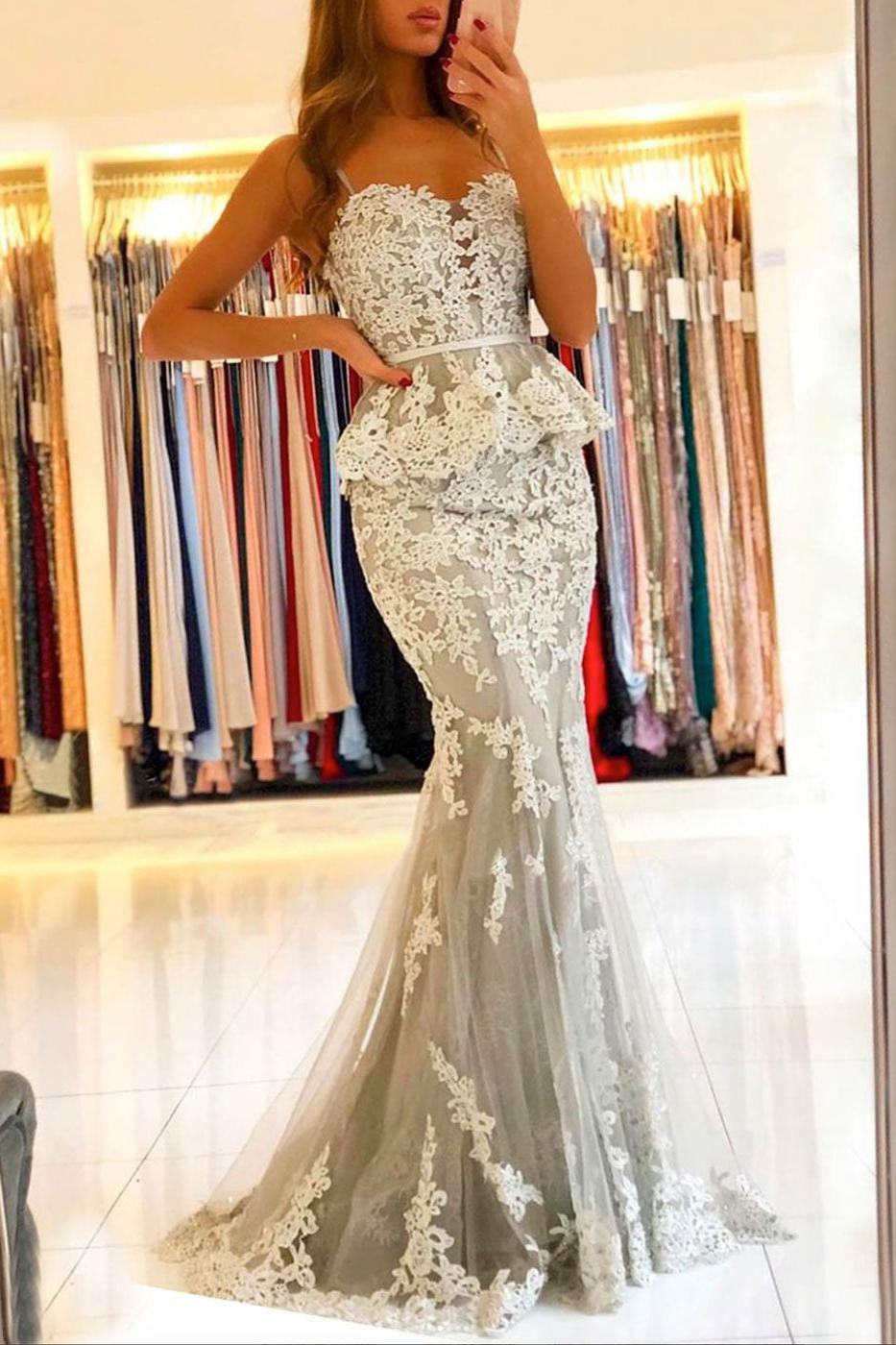 Gray Prom Dress Sweetheart Neck Tulle Lace Mermaid Long Formal Gown Evening Dress