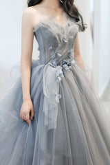 Gray Prom Dress Sweetheart Neck Tulle Long Formal Dress Evening Dress