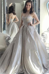 Gray Prom Dress Sweetheart Neck Tulle Sequin Long Formal Dress Evening Dress