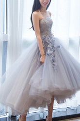 Gray Prom Dress Sweetheart Tulle Lace Short Cocktail Dress Formal Evening Dress
