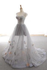 Gray Prom Dress Sweetheart Tulle Long Formal Evening Dress