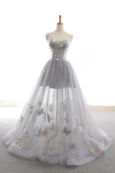 Gray Prom Dress Sweetheart Tulle Long Formal Evening Dress