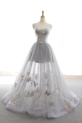 Gray Prom Dress Sweetheart Tulle Long Formal Evening Dress