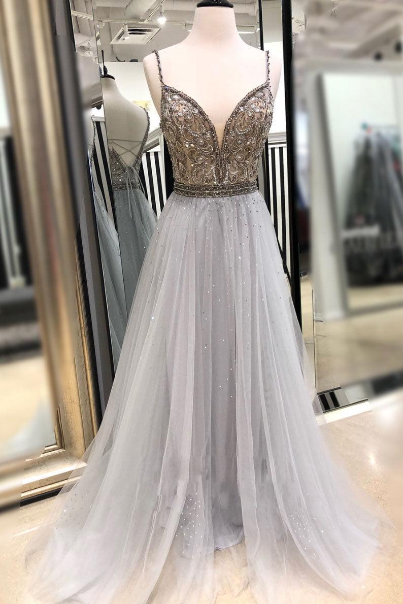 Gray Prom Dress Tulle Beaded Sequin Long Formal Evening Dress