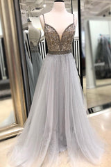Gray Prom Dress Tulle Beaded Sequin Long Formal Evening Dress