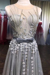 Gray Prom Dress Tulle Lace Beaded Long Evening Dress