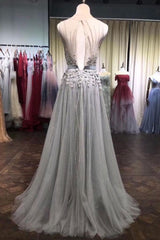 Gray Prom Dress Tulle Lace Beaded Long Evening Dress
