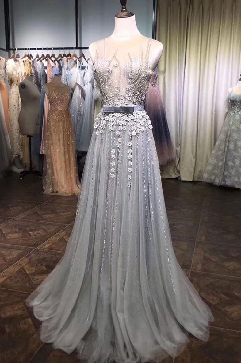 Gray Prom Dress Tulle Lace Beaded Long Evening Dress