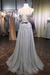 Gray Prom Dress Tulle Lace Beaded Long Evening Dress