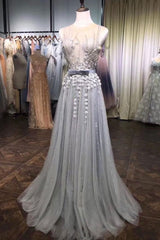 Gray Prom Dress Tulle Lace Beaded Long Evening Dress