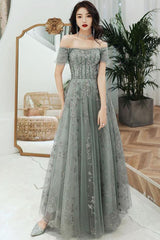 Gray Prom Dress Tulle Lace Long Evening Dress