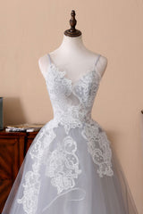 Gray Prom Dress Tulle Lace Long Evening Dress