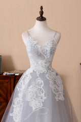 Gray Prom Dress Tulle Lace Long Evening Dress