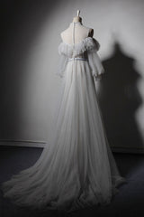 Gray Prom Dress Tulle Lace Long Evening Dress