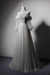 Gray Prom Dress Tulle Lace Long Evening Dress