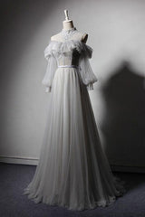 Gray Prom Dress Tulle Lace Long Evening Dress