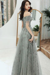 Gray Prom Dress Tulle Lace Long Evening Dress
