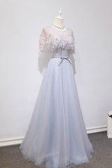 Gray Prom Dress Tulle Lace Long Evening Dress