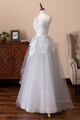 Gray Prom Dress Tulle Lace Long Evening Dress