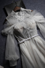 Gray Prom Dress Tulle Lace Long Evening Dress