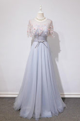 Gray Prom Dress Tulle Lace Long Evening Dress