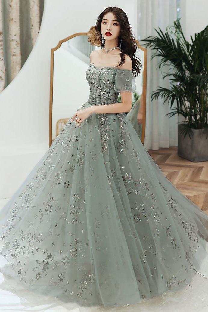 Gray Prom Dress Tulle Lace Long Evening Dress