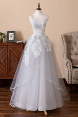 Gray Prom Dress Tulle Lace Long Evening Dress