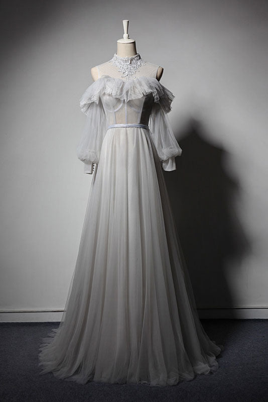Gray Prom Dress Tulle Lace Long Evening Dress
