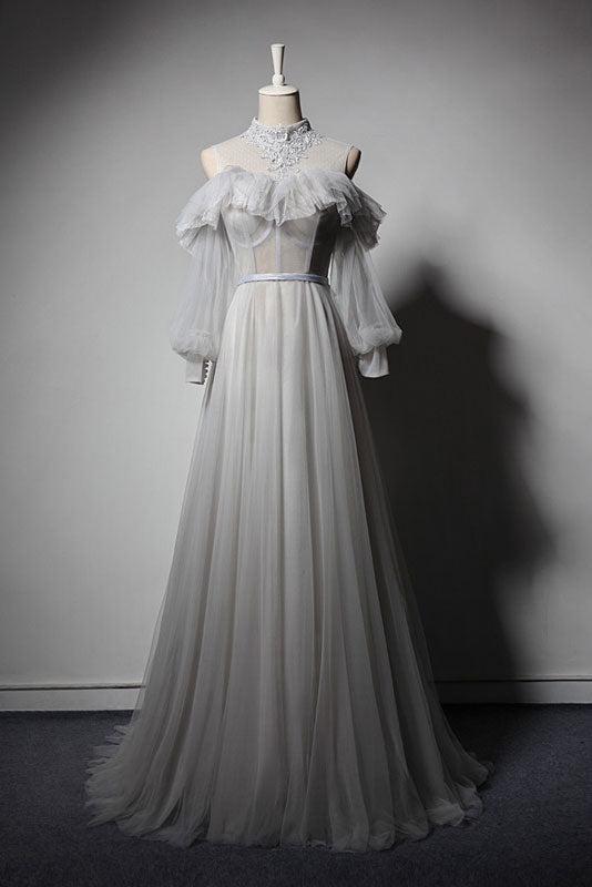 Gray Prom Dress Tulle Lace Long Evening Dress