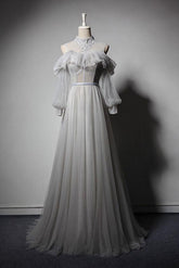 Gray Prom Dress Tulle Lace Long Evening Dress