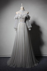 Gray Prom Dress Tulle Lace Long Evening Dress