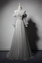 Gray Prom Dress Tulle Lace Long Evening Dress