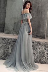 Gray Prom Dress Tulle Lace Long Formal Evening Dress